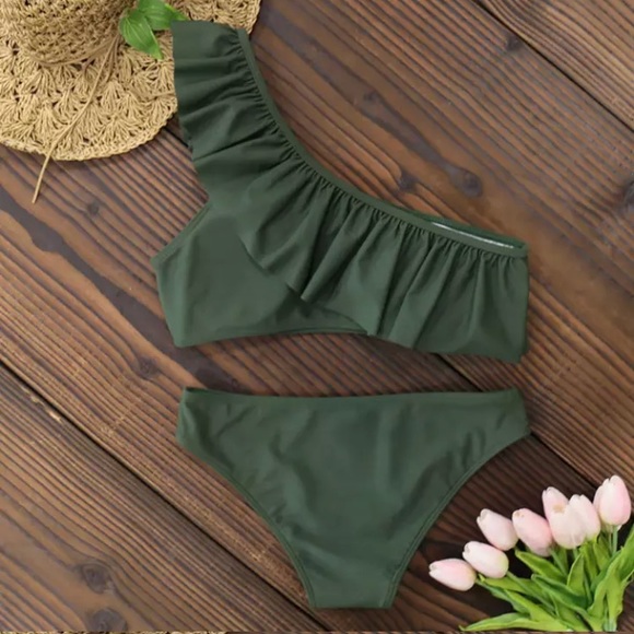 Olive Green Ruffle One Shoulder Bikini Swimsuit - Picture 3 of 3